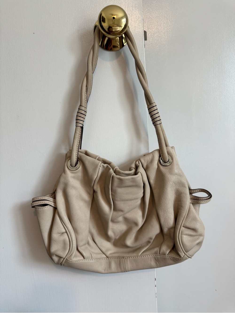 b. makowsky Taupe/Cream Ruched Leather Shoulder Bag with Braided Handles